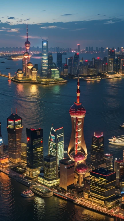 The Bund in Shanghai, with modern skyscrapers on one side and the Huangpu River on the other.