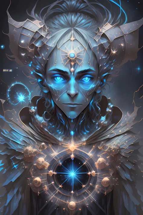  Blue Wizard, starry night sky background,, neon blue spells, shooting a counterspell. perfect face