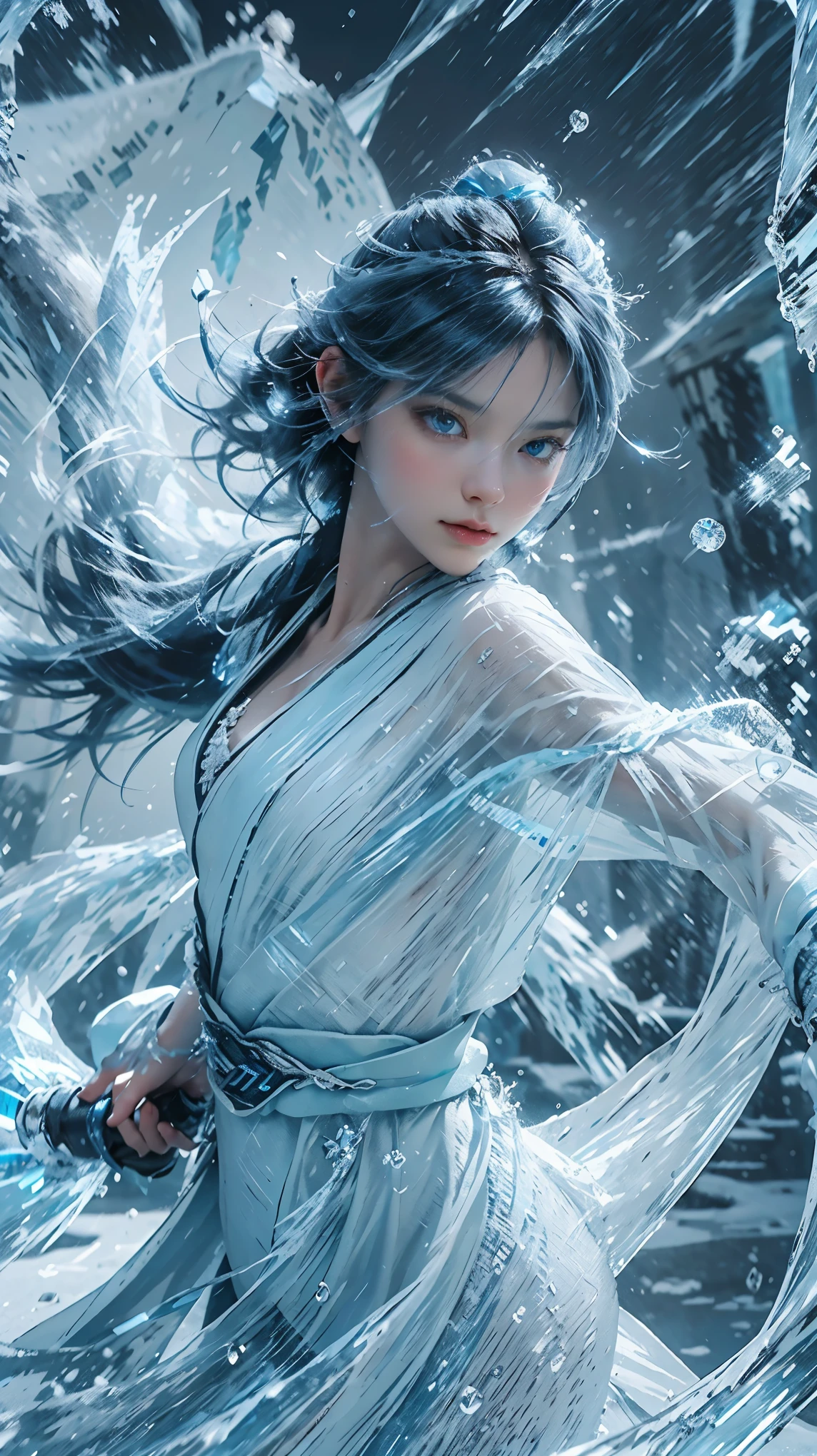 (((1 名女孩)))，皇水，魔术师，（寬鬆連身裙：1.5），（完美的臉部特徵：1.4），（藍色絲綢長袍），（神秘的魔法阵：1.2），藍色發光，（冰霜之翼），(((強大的冰系魔法)))，(((冰柱)))，高耸于風景之上，藍光冷光，(((冰暴)))，風，((飛雪冰雪))，驚人的結果，,最好的品質,傑作,超高解析度,詳細的,錯綜複雜的細節,8k分辨率,8KUCG壁紙,高動態範圍,水蓝,魔法陣,戲院級燈光效果,明暗對比，光線追蹤、NVIDIA RTX
