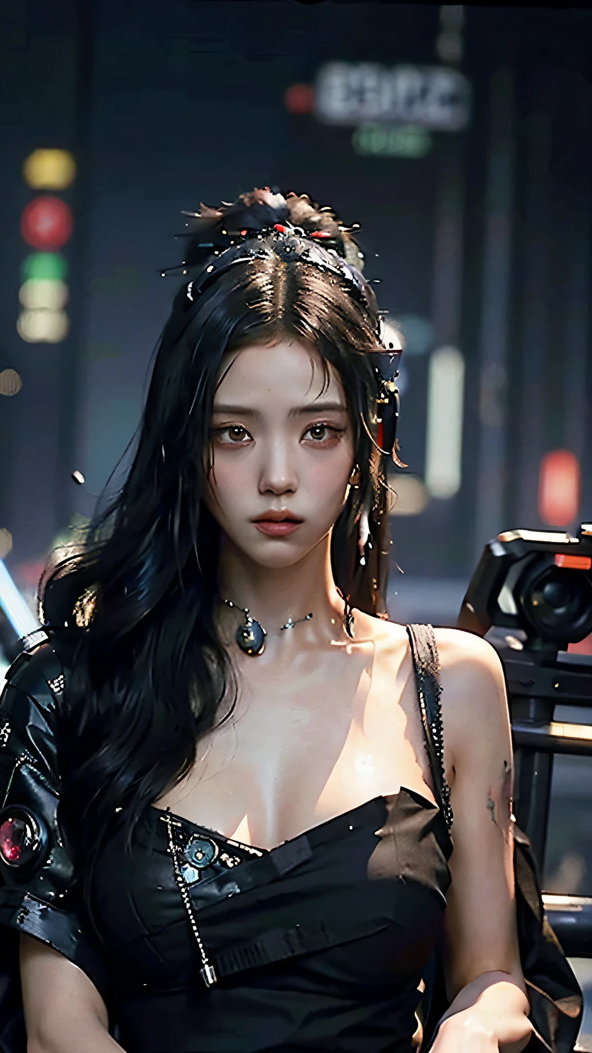 ((Best quality)), ((masterpiece)), (highly detailed:1.3), 3D, beautiful (cyberpunk:1.3) samurai woman with long black hair, black clothes looking at camera