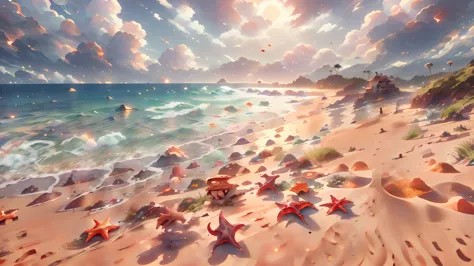 Masterpiece, best quality, 8k, panoramic view, magical scenery, outdoor day, Beach, Sand that looks like a golden carpet. Sky, cloud, day, without humans, soft sound, waves, Starfish, chatty crabs, noisy seagulls, which filled the environment with their an...