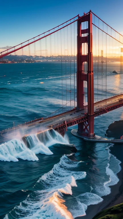 Le Golden Gate Bridge à San Francisco, with the waves of the Pacific Ocean in the background.