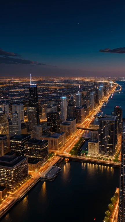 La ville de Chicago la nuit, with the Chicago River and illuminated skyscrapers.