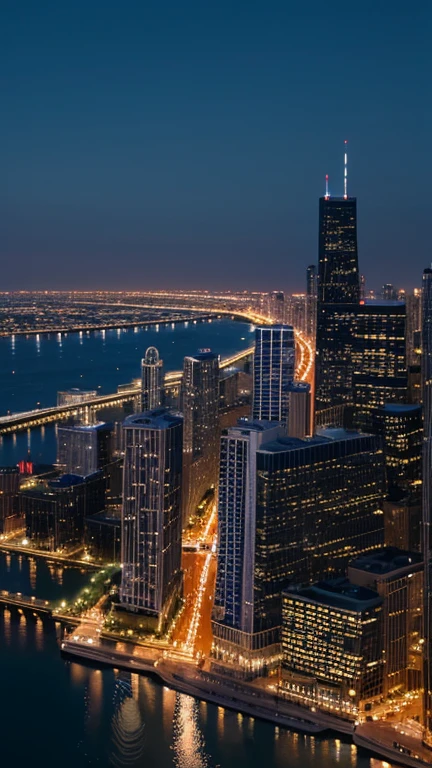 La ville de Chicago la nuit, with the Chicago River and illuminated skyscrapers.