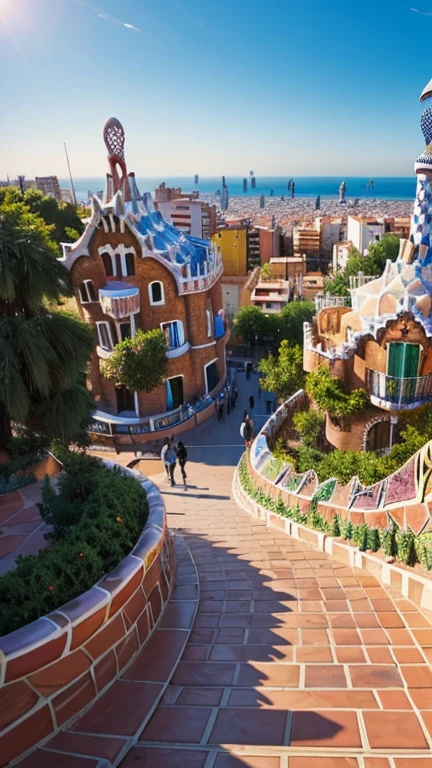 Park Güell in Barcelona, with Gaudí&#39;s colorful buildings and mosaics.