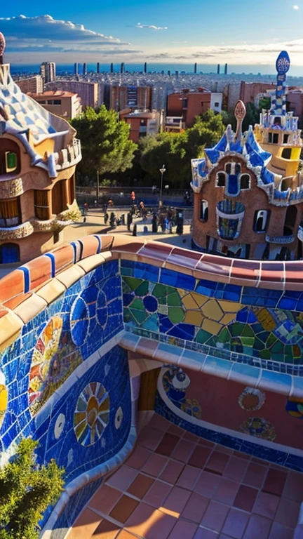 Park Güell in Barcelona, with Gaudí&#39;s colorful buildings and mosaics.