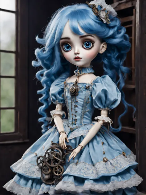 Mechanical Puppet - a girl with blue hair and a porcelain head., large expressive eyes, Good, Cute face, beautiful elegant dress of a smart and well-mannered girl, fully mechanical, The mechanical doll is described in detail., High detail, full bidi, full ...