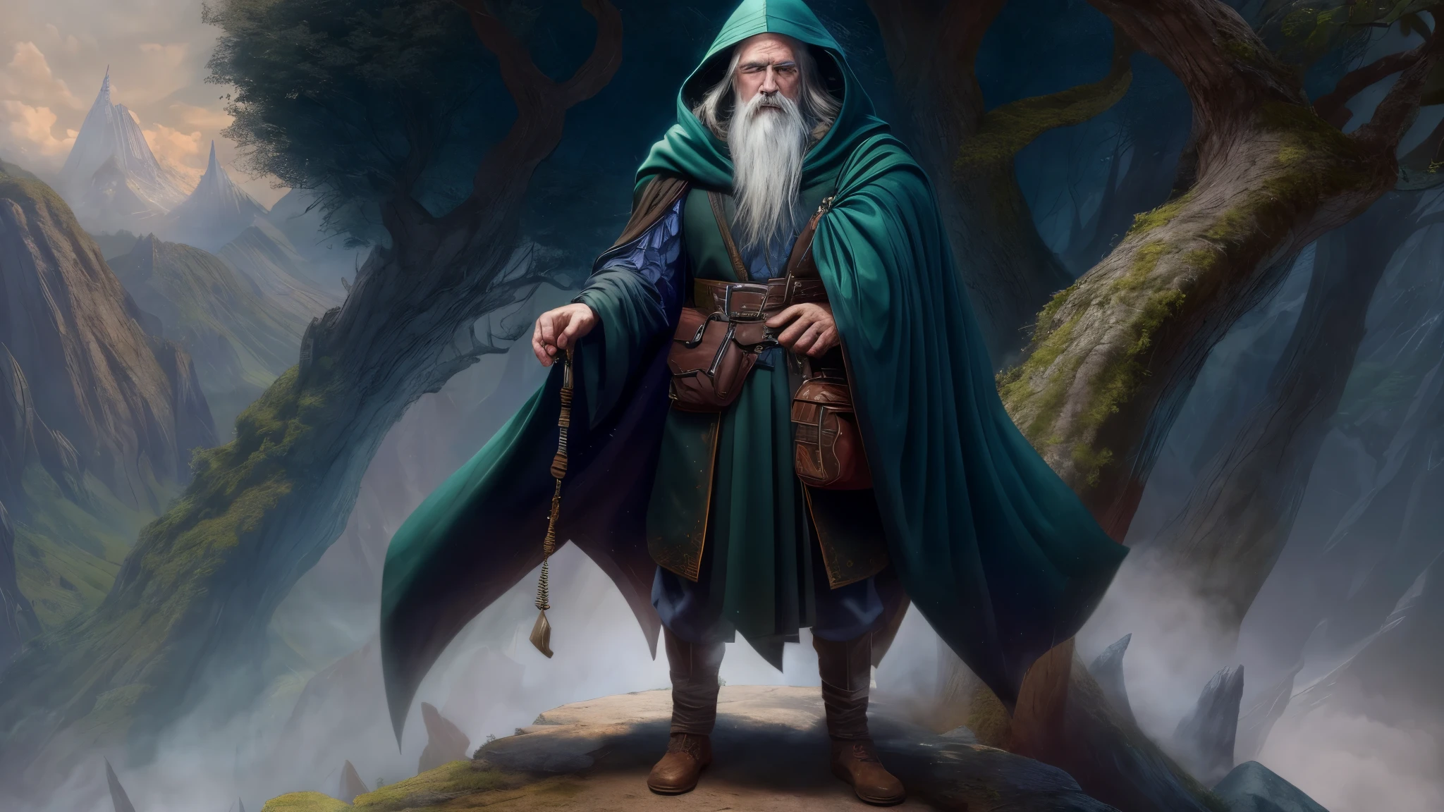 (master piece), 8k, best quality, panoramic view, hooded, Elf, old man, male, wizard, big white beard, pointy ears, blue eyes. 1.60 meters tall, wearing a dark green tunic, a leather belt and a magic bag, talking to the elf