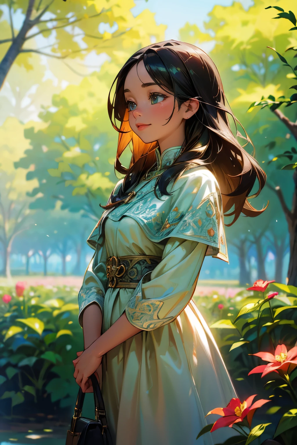 A girl with beautiful detailed eyes and lips, surrounded by vibrant flowers and trees in a garden. The girl is wearing a flowing dress with intricate floral patterns. She is standing with a confident and graceful posture, her face radiating joy and happiness. The sunlight filters through the leaves, creating a soft and enchanting atmosphere. The artwork is created with the medium of oil painting, showcasing rich textures and brushstrokes. The image quality is of the best quality, with ultra-detailed features and a realistic, photorealistic rendering. The colors are vivid and vibrant, capturing the essence of the garden scene. The lighting is soft and warm, emphasizing the girl's beauty and illuminating the garden with a magical glow.