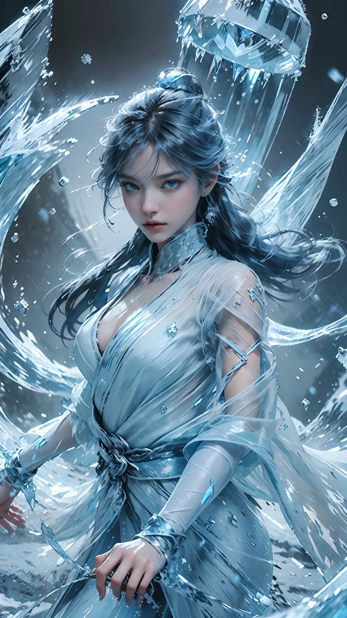 (((1 girl)))，imperial water，magician，（loose dress：1.5），（perfect facial features：1.4），（blue silk robe），（Mysterious magic array：1.2），Blue glow，（Frost Wings），(((Powerful ice magic)))，(((icicle)))，高耸于wind景之上，Blue light cold light，(((Ice storms)))，wind，((Flying snow ice and snow))，Amazing results，,best quality,masterpiece,ultra high resolution,detailed,intricate details,8k resolution,8KUCG wallpaper,high dynamic range,Aqua blue,magic circle,Cinema-level lighting effects,chiaroscuro，Ray tracing、NVIDIA RTX