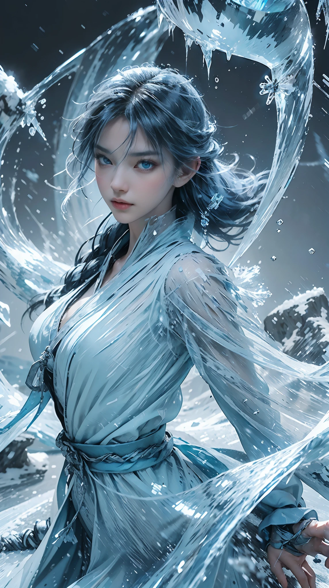 (((1 girl)))，imperial water，magician，（loose dress：1.5），（perfect facial features：1.4），（blue silk robe），（Mysterious magic array：1.2），Blue glow，（Frost Wings），(((Powerful ice magic)))，(((icicle)))，高耸于wind景之上，Blue light cold light，(((Ice storms)))，wind，((Flying snow ice and snow))，Amazing results，,best quality,masterpiece,ultra high resolution,detailed,intricate details,8k resolution,8KUCG wallpaper,high dynamic range,Aqua blue,magic circle,Cinema-level lighting effects,chiaroscuro，Ray tracing、NVIDIA RTX