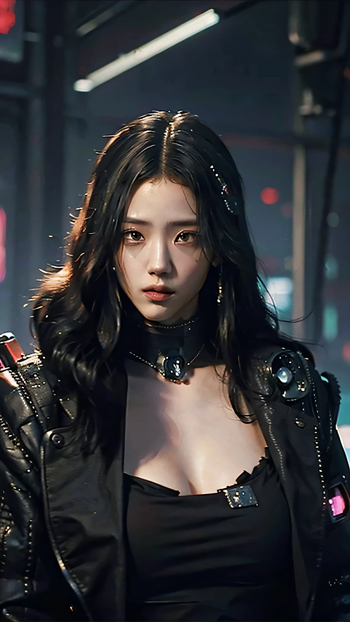 ((Best quality)), ((masterpiece)), (highly detailed:1.3), 3D, beautiful (cyberpunk:1.3) samurai woman with long black hair, black clothes looking at camera