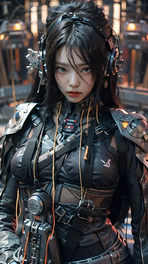 ((Best quality)), ((masterpiece)), (highly detailed:1.3), 3D, beautiful (cyberpunk:1.3) samurai woman with long black hair, blac...