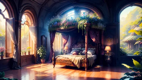 Solarpunk Dreamscape: The Royal Botanical Sanctuary | Generate an ornate botanical bedroom in the style of Versailles in a solar...