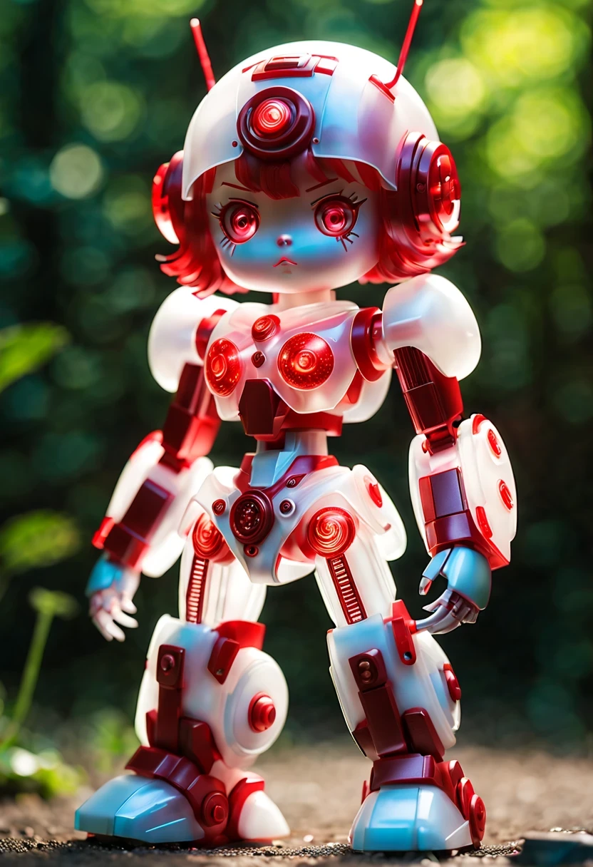 (Blind box toy style:1.2),kawaii doll, huge (translucent mechanical girl:1.2) Mechanical warriors contain a large number of electronic components, Luminous electronic eye. The mecha stands on the ground in a combat posture. white and red color scheme.(Ray tracing, Well-designed, high detail, masterpiece, best quality, ultra high definition)