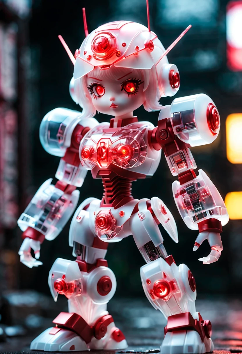 (Blind box toy style:1.2),kawaii doll, huge (translucent mechanical girl:1.2) Mechanical warriors contain a large number of electronic components, Luminous electronic eye. The mecha stands on the ground in a combat posture. white and red color scheme.(Ray tracing, Well-designed, high detail, masterpiece, best quality, ultra high definition)