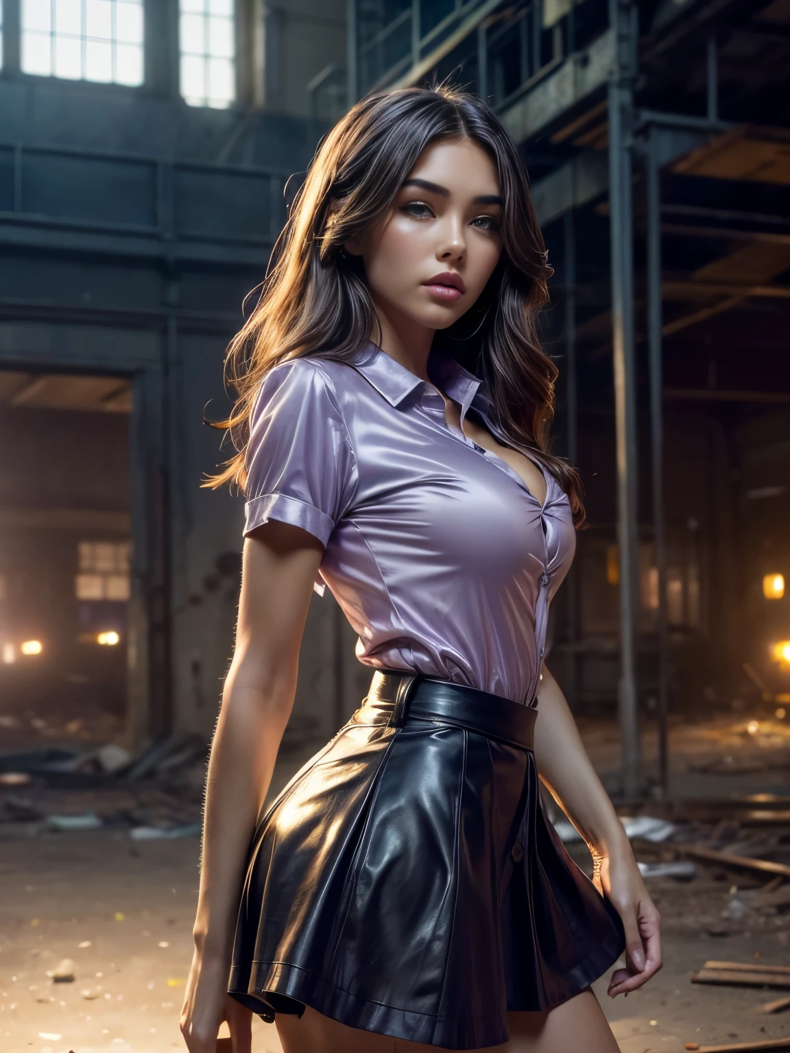 Foto hiper-realista em close da Madison Beer, Obra de arte, melhor qualidade, (fotorrealista:1.4), corpo todo, (camisa de botão de manga curta luxuosa de cetim lavanda :1.1), (saia de couro), luz cinematográfica, linda mulher, seios médios, cabelo ondulado, rosto detalhado, foto tirada à distância, em uma antiga fábrica abandonada, luzes âmbar cintilantes no fundo, iluminação romântica, (Cercado por flores:1,15), (pôr do sol:1.05), pose de ação