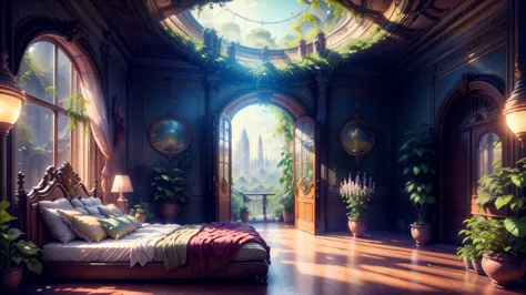 Solarpunk Dreamscape: The Royal Botanical Sanctuary | Generate an ornate botanical bedroom in the style of Versailles in a solar...