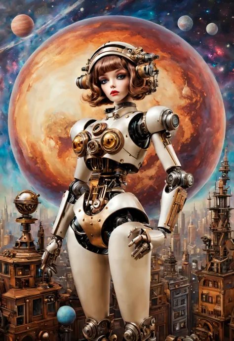 mecha girl，a mechanical doll stands in front of a planet painting, retro city background,perfect mechanical body, interconnected...