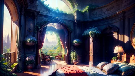 solarpunk dreamscape: the royal botanical sanctuary | generate an ornate botanical bedroom in the style of versailles in a solar...