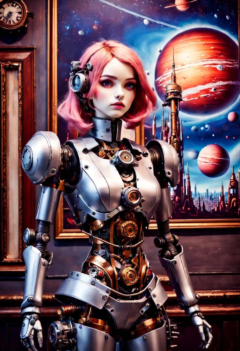 Mecha girl，A mechanical doll stands in front of a planet painting, Retro city background,perfect mechanical body, interconnected human life forms, Panorama of mechanical female doll,Victoria steampunk， endless dreams, stardust, galaxy,