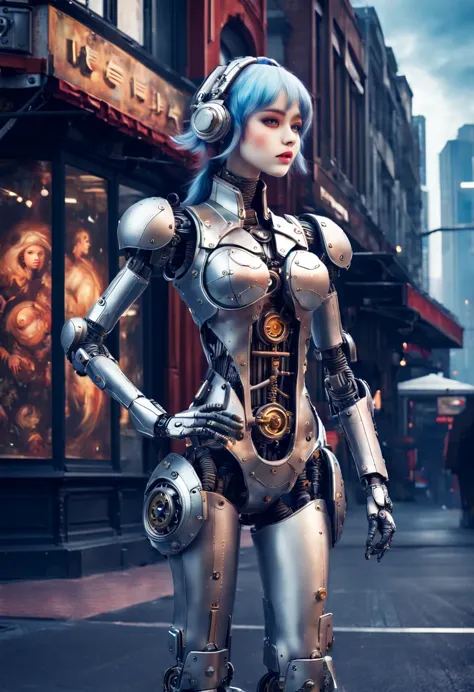 Mecha girl，A mechanical doll stands in front of a planet painting, Retro city background,perfect mechanical body, interconnected...