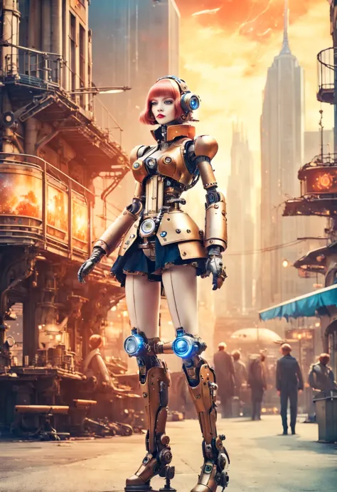 Mecha girl，A mechanical doll stands in front of a planet painting, Retro city background,perfect mechanical body, interconnected...