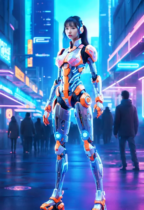 Mecha girl，Future machinery stands in front of the earth,whole body, In the context of the city of the future, The combination o...