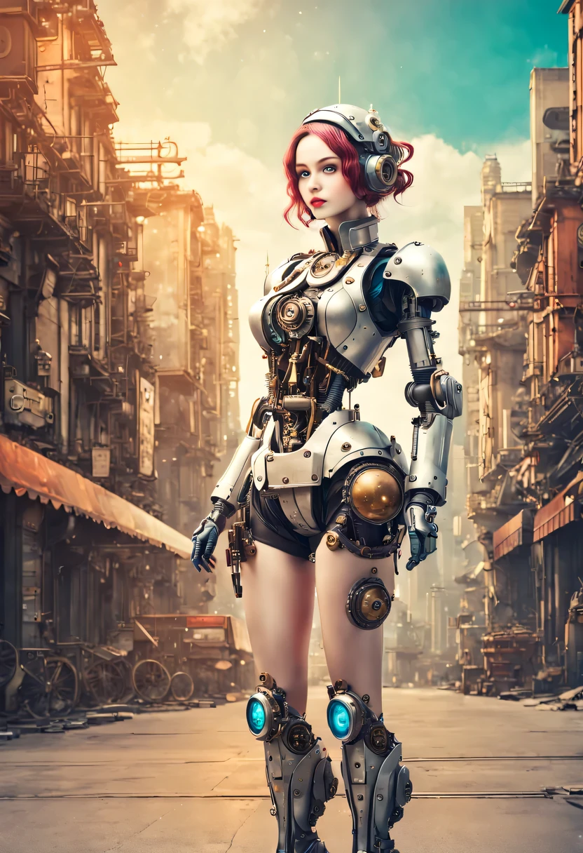 機甲女孩，一個機械娃娃站在行星畫前, 復古城市背景,完美的機械軀體, 相互關聯的人類生命形式, 機械女娃娃全景圖,維多利亞蒸氣龐克， 無盡的夢想, 星尘, 星系,