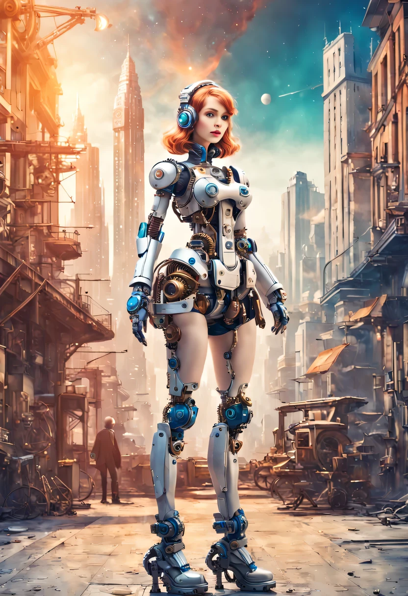 Garota mecha，Uma boneca mecânica fica em frente a uma pintura de planeta, fundo retrô da cidade,corpo mecânico perfeito, formas de vida humana interconectadas, Panorama da boneca feminina mecânica,Victoria steampunk， Sonhos sem fim, poeira estelar, galáxia,