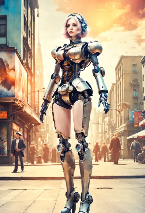 Mecha girl，A mechanical doll stands in front of a planet painting, Retro city background,perfect mechanical body, interconnected...