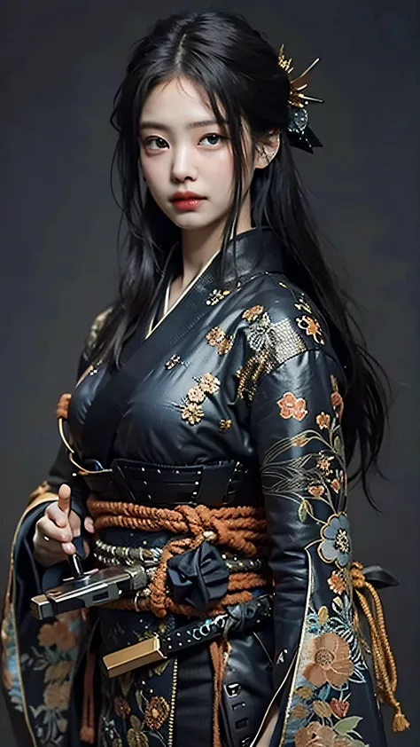 ((Best quality)), ((masterpiece)), (highly detailed:1.3), 3D, beautiful, samurai woman with long black hair, black clothes looki...