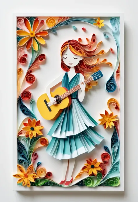 (paper art，layered paper art，paper quilling, 剪paper art术,Paper art ), pure white background, Open a vertical book,Girl singing with guitar in hands,spring
