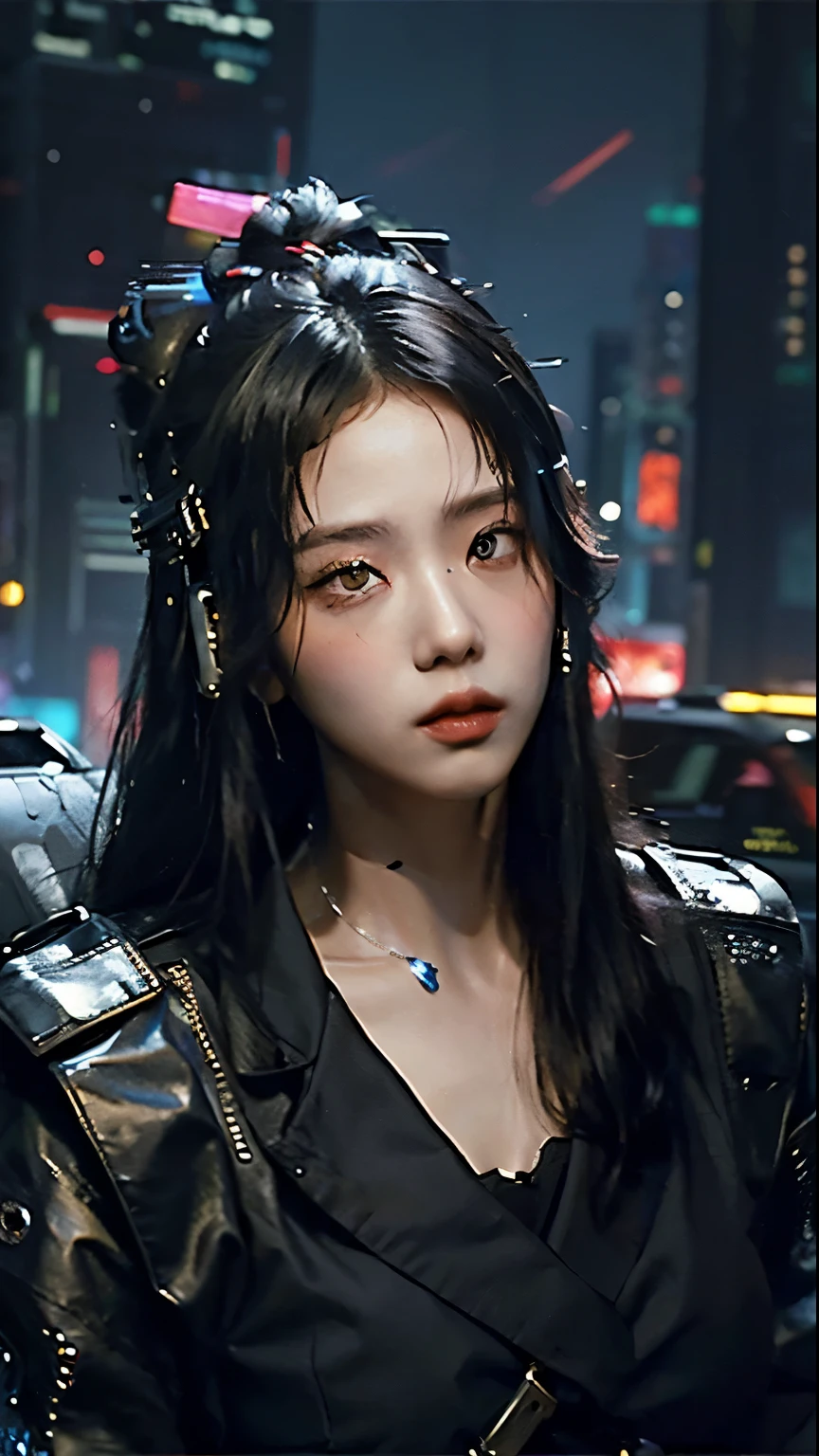 ((Best quality)), ((masterpiece)), (highly detailed:1.3), 3D, beautiful (cyberpunk:1.3) samurai woman with long black hair, black clothes looking at camera, war, dinamic pose, dinamic style