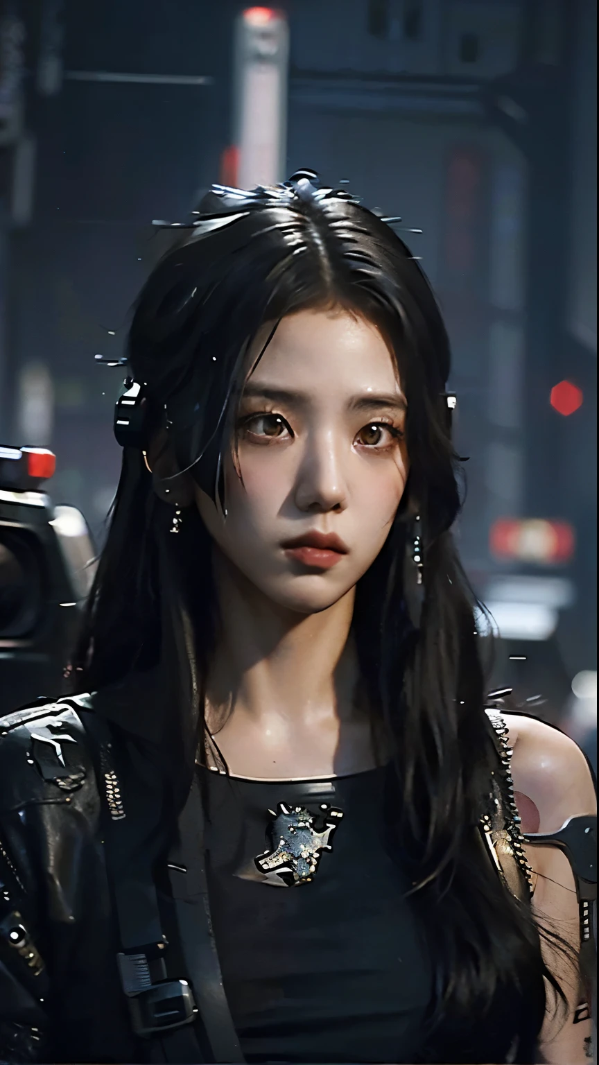 ((Best quality)), ((masterpiece)), (highly detailed:1.3), 3D, beautiful (cyberpunk:1.3) samurai woman with long black hair, sexy black clothes looking at camera, war, dinamic pose, dinamic style