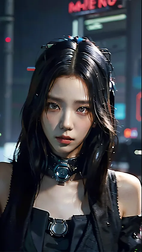 ((best quality)), ((masterpiece)), (highly detailed:1.3), 3d, beautiful (cyberpunk:1.3) woman with long black hair, sexy black d...