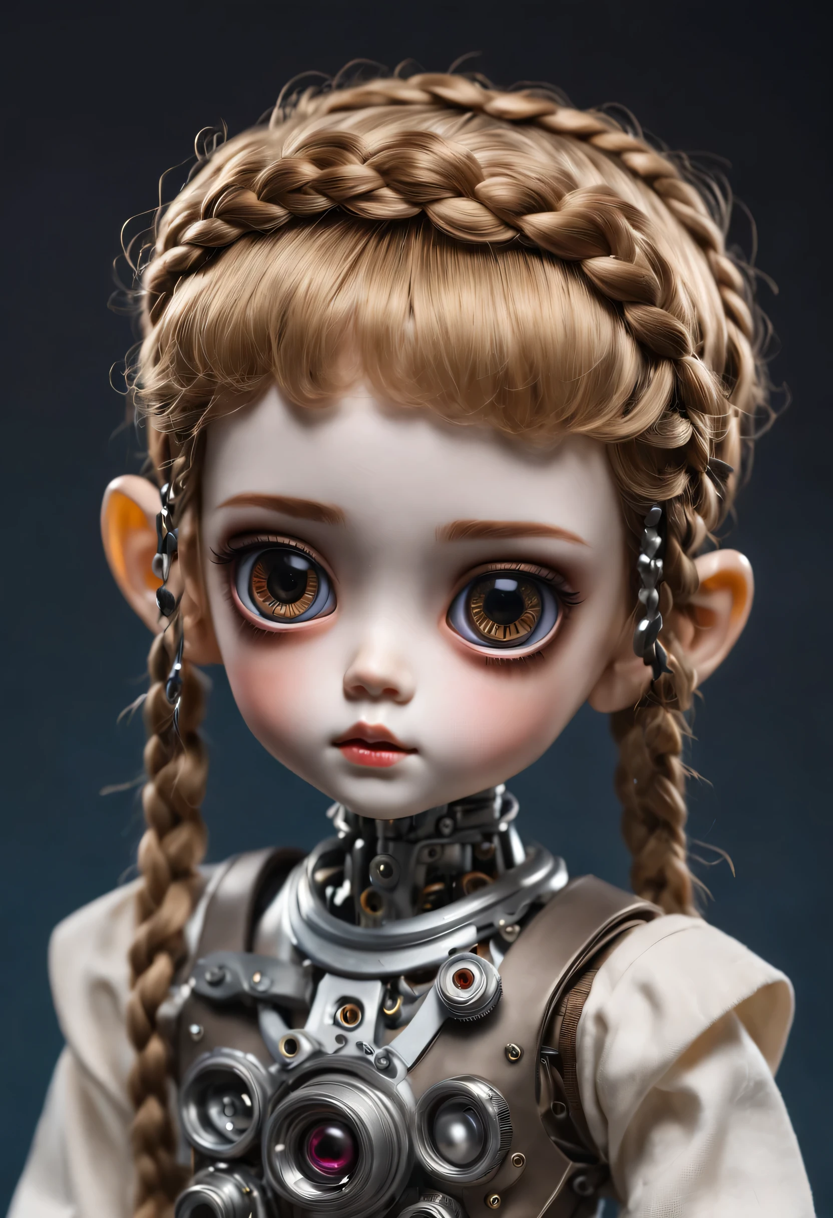 （best quality，4K，masterpiece：1.2），super detailed，lifelike：1.37，2 LovelyMechanical dolls on the children&#39;s desk，decoration，Possess human emotions and intelligence，Mechanical dolls，big eyes，dark eye makeup，mute，Lovely，Mechanical joint，Two boys with pigtails，whole body，sports shoes，fashion clothing，Metal skin decoration，Clean