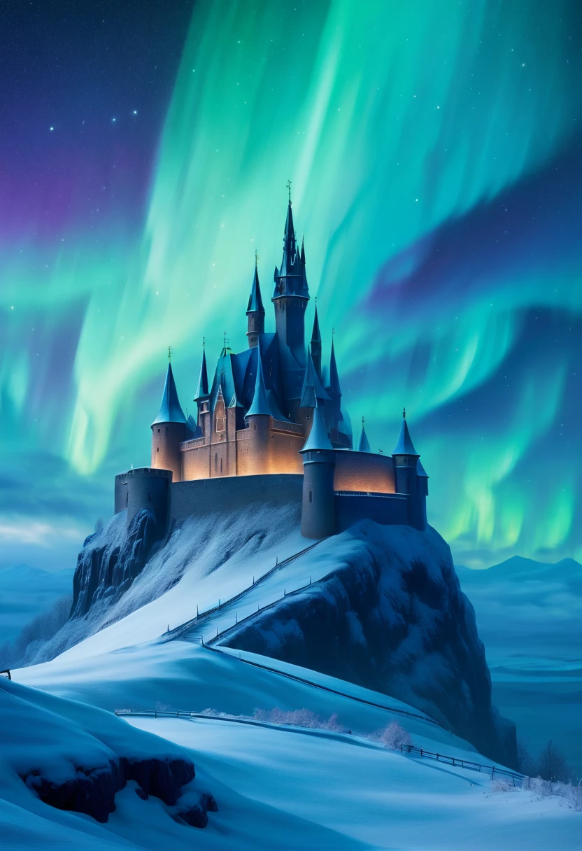 Castle on hilltop, aurora borealis and snowstorm merge, ethereal atmosphere, textured castle, starry night sky, ultrahigh definition, 3D depth, inspired by Ivan Aivazovsky, Edvard Munch, Salvador Dali