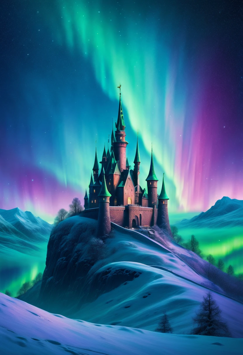 Castle on hilltop, aurora borealis and snowstorm merge, ethereal atmosphere, textured castle, starry night sky, ultrahigh definition, 3D depth, inspired by Ivan Aivazovsky, Edvard Munch, Salvador Dali