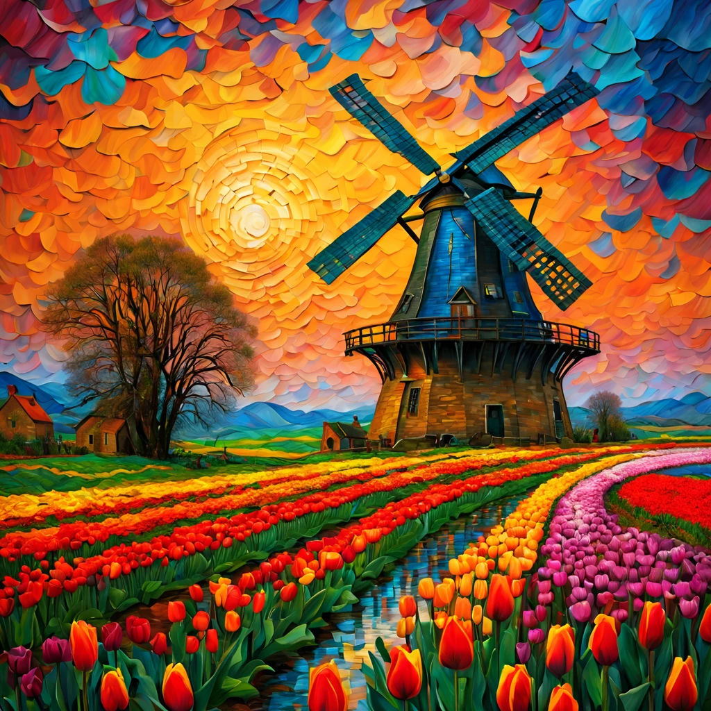 Windmill in tulip field, sunset and rain shower merge, vibrant colors, intricate windmill, blooming flowers, ultrahigh definition, 3D depth, inspired by Vincent van Gogh, Pierre-Auguste Renoir, Gustav Klimt