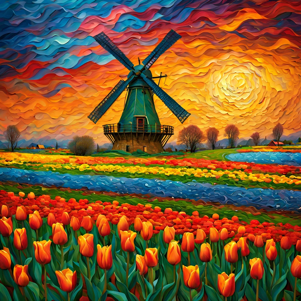 Windmill in tulip field, sunset and rain shower merge, vibrant colors, intricate windmill, blooming flowers, ultrahigh definition, 3D depth, inspired by Vincent van Gogh, Pierre-Auguste Renoir, Gustav Klimt