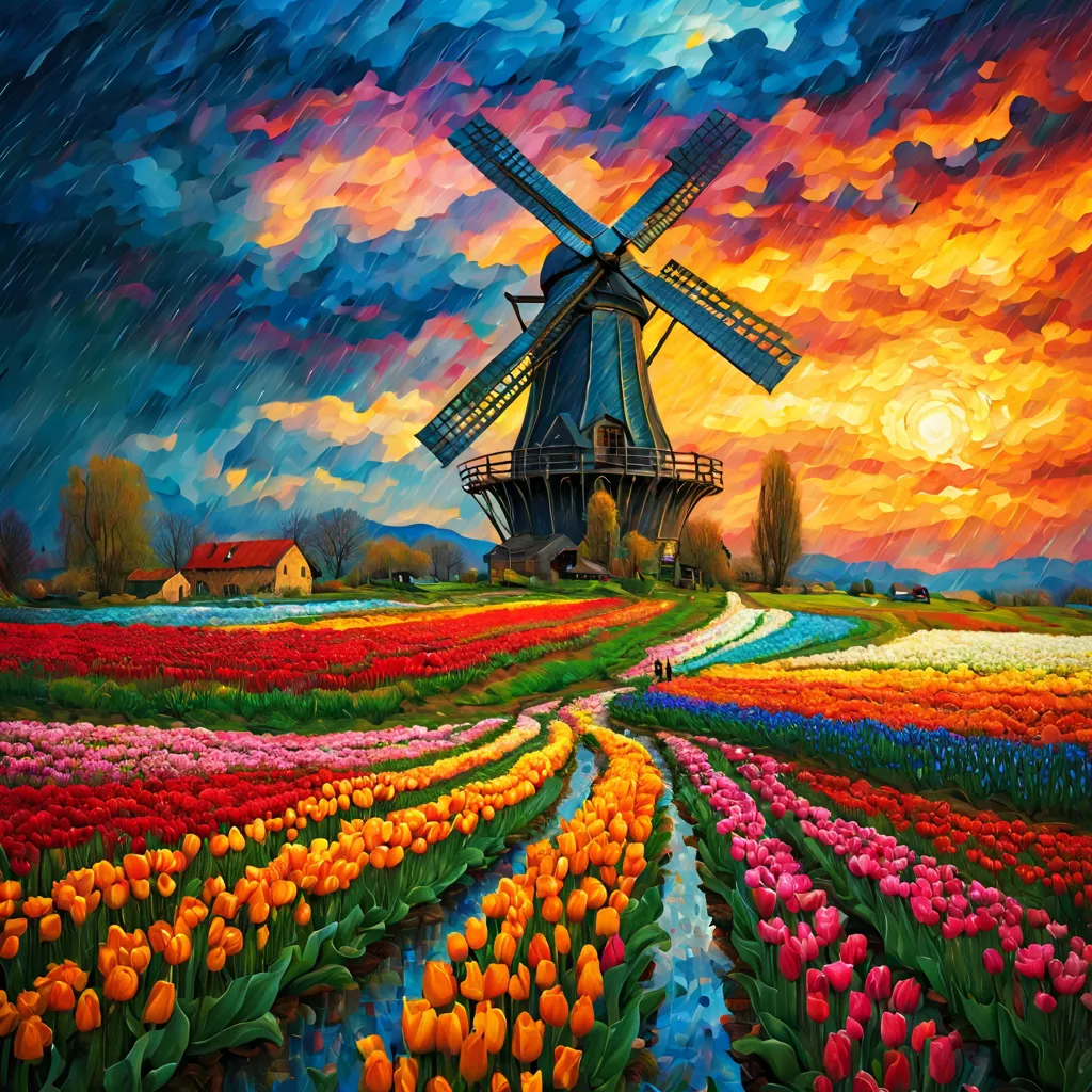 windmill in tulip field, sunset and rain shower merge, vibrant colors, intricate windmill, blooming flowers, ultrahigh definitio...