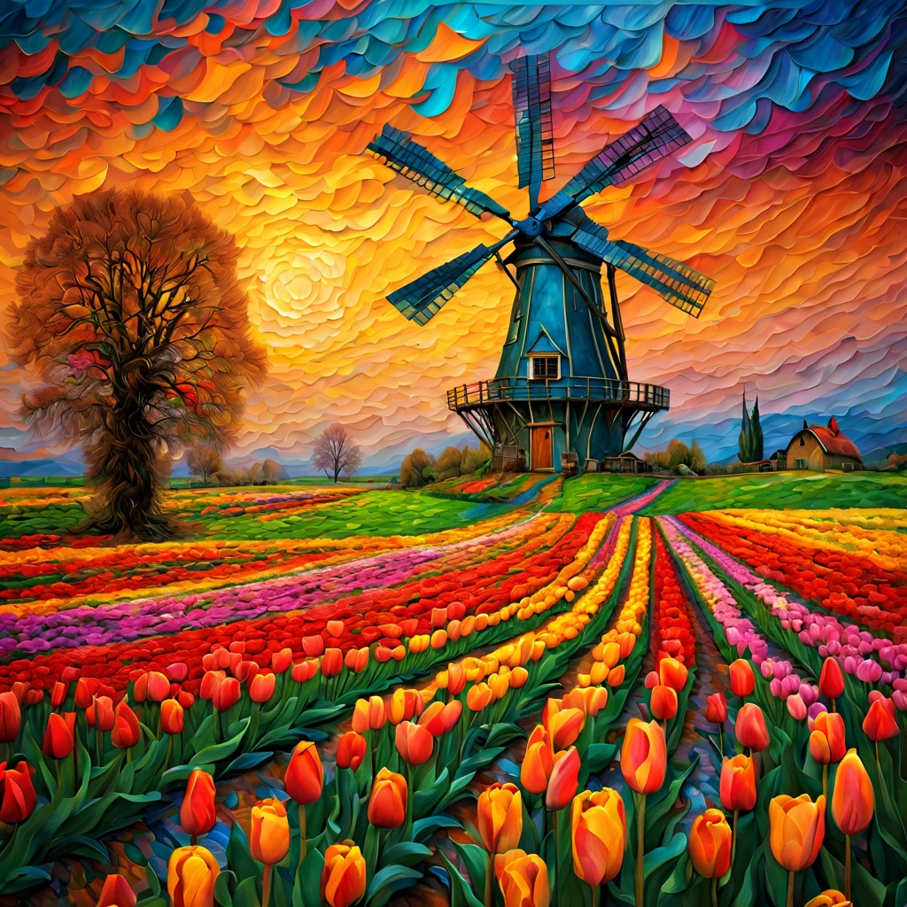 Windmill in tulip field, sunset and rain shower merge, vibrant colors, intricate windmill, blooming flowers, ultrahigh definition, 3D depth, inspired by Vincent van Gogh, Pierre-Auguste Renoir, Gustav Klimt