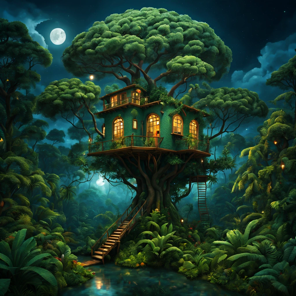 Treehouse in jungle, moonlight and thunderstorm merge, enchanting scene, whimsical treehouse, lush canopy, ultrahigh definition, 3D depth, inspired by Henri Rousseau, Frida Kahlo, Henri Matisse