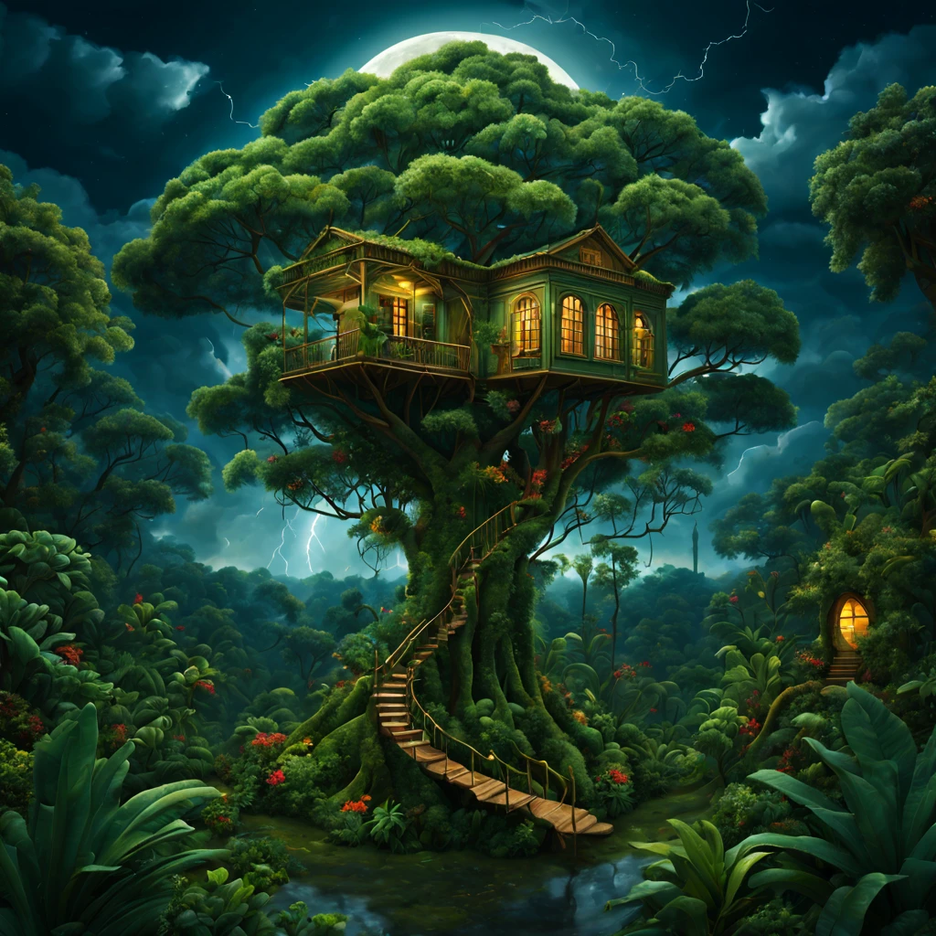 Treehouse in jungle, moonlight and thunderstorm merge, enchanting scene, whimsical treehouse, lush canopy, ultrahigh definition, 3D depth, inspired by Henri Rousseau, Frida Kahlo, Henri Matisse