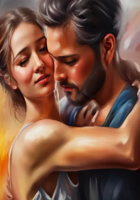 a painting of a man and woman hugging each other, emotional oil painting, digital art oil painting, close scene, oil digital pai...