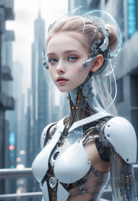 Translucent ethereal mechanical girl，futuristic girl，Mechanical joining technology girl，futuristic city background