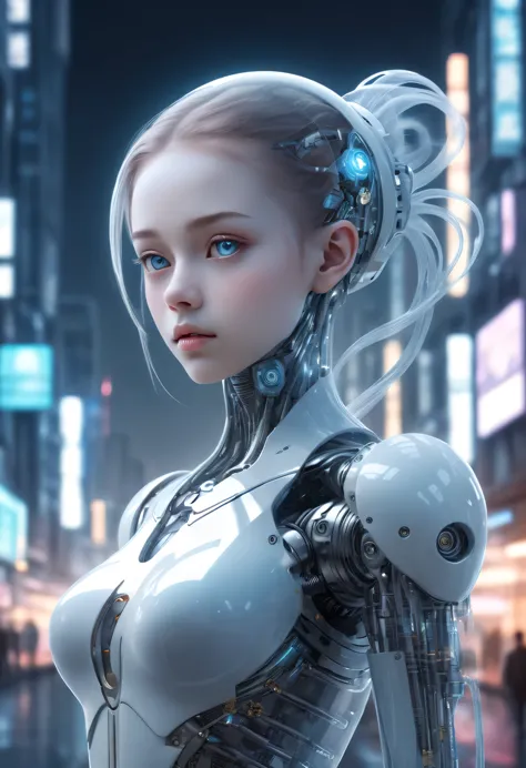 translucent ethereal mechanical girl，futuristic girl，mechanical joining technology girl，futuristic city background