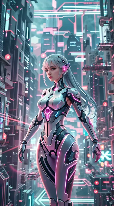 Translucent ethereal mechanical girl，futuristic girl，Mechanical joint，futuristic city background，Model shooting style, (Extremel...
