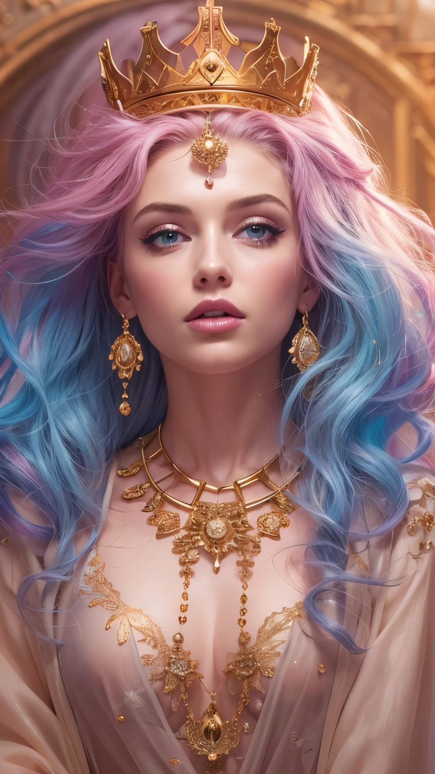 (highres, realistic, vivid colors),pink hair, long, detailed strands, flowing, ethereal, soft waves, shiny, vibrant, pastel pink, luscious, beautiful girl, bright blue eyes, perfect eyes, perfect hands, perfect legs, mesmerizing, gracefully flowing locks. Queen robes, gold jewel encrusted crown, large tits, (full Body:1.5), hyper realism, 8k, vibrant colors, sharp image